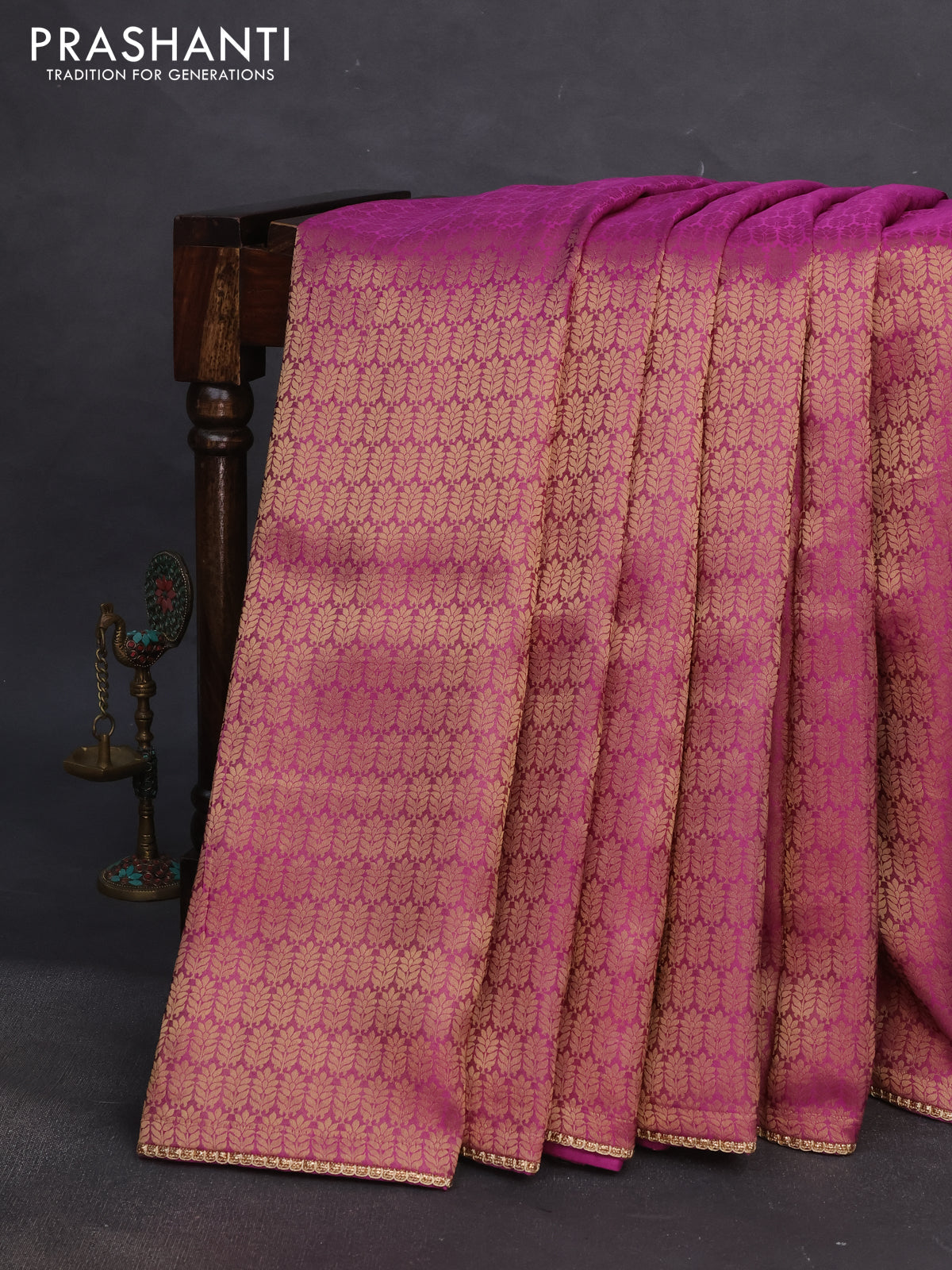 Banarasi semi crepe saree purple with allover zari woven brocade weaves and lace work border
