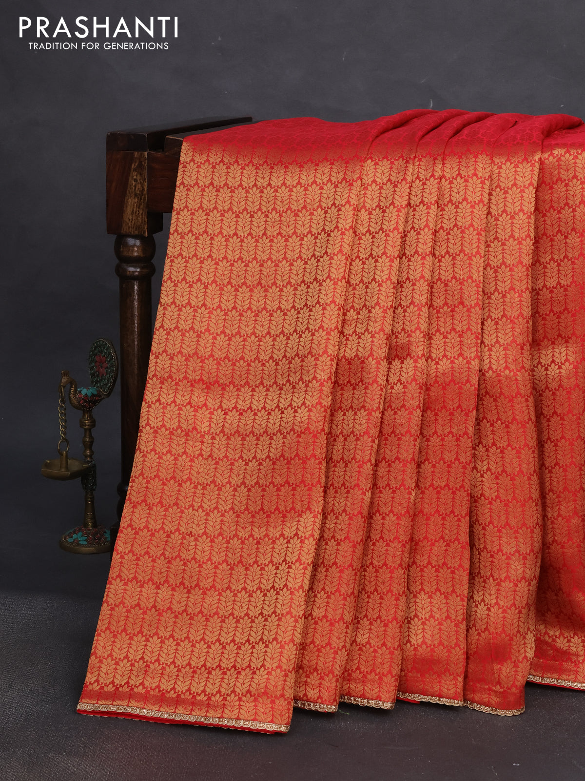 Banarasi semi crepe saree red with allover zari woven brocade weaves and lace work border