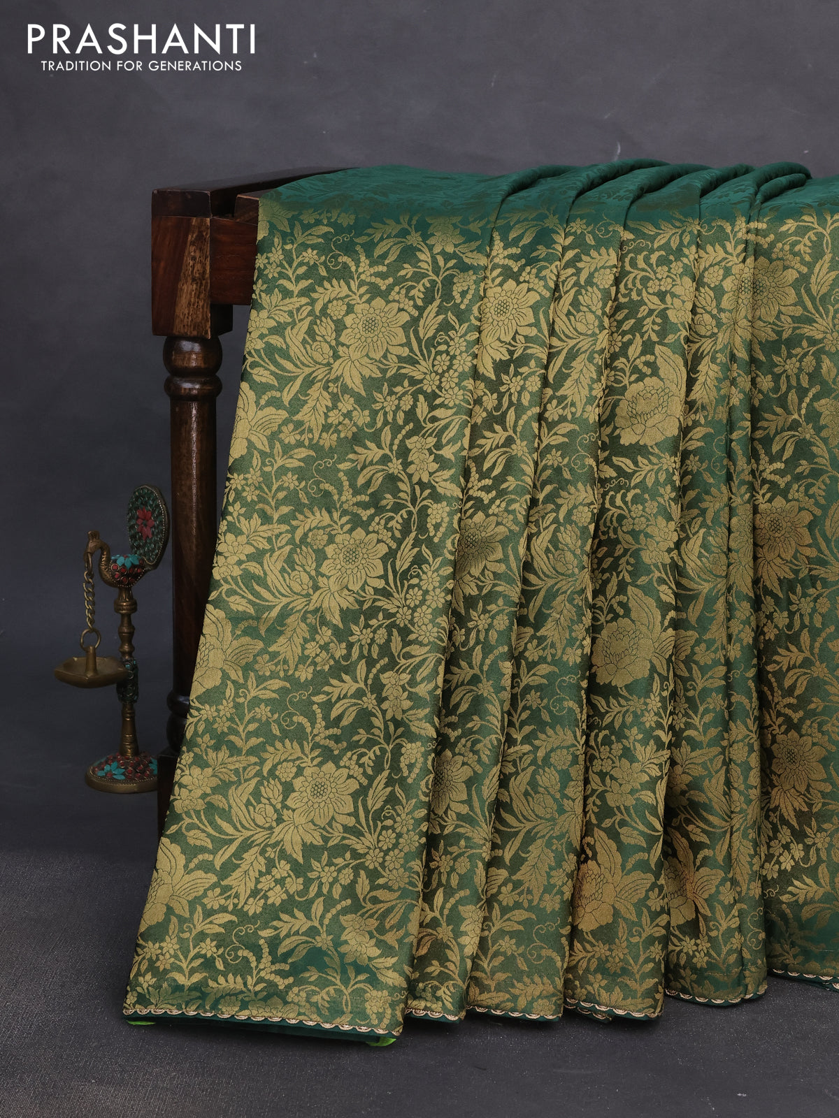 Banarasi semi crepe saree green with allover zari woven brocade weaves and lace work border