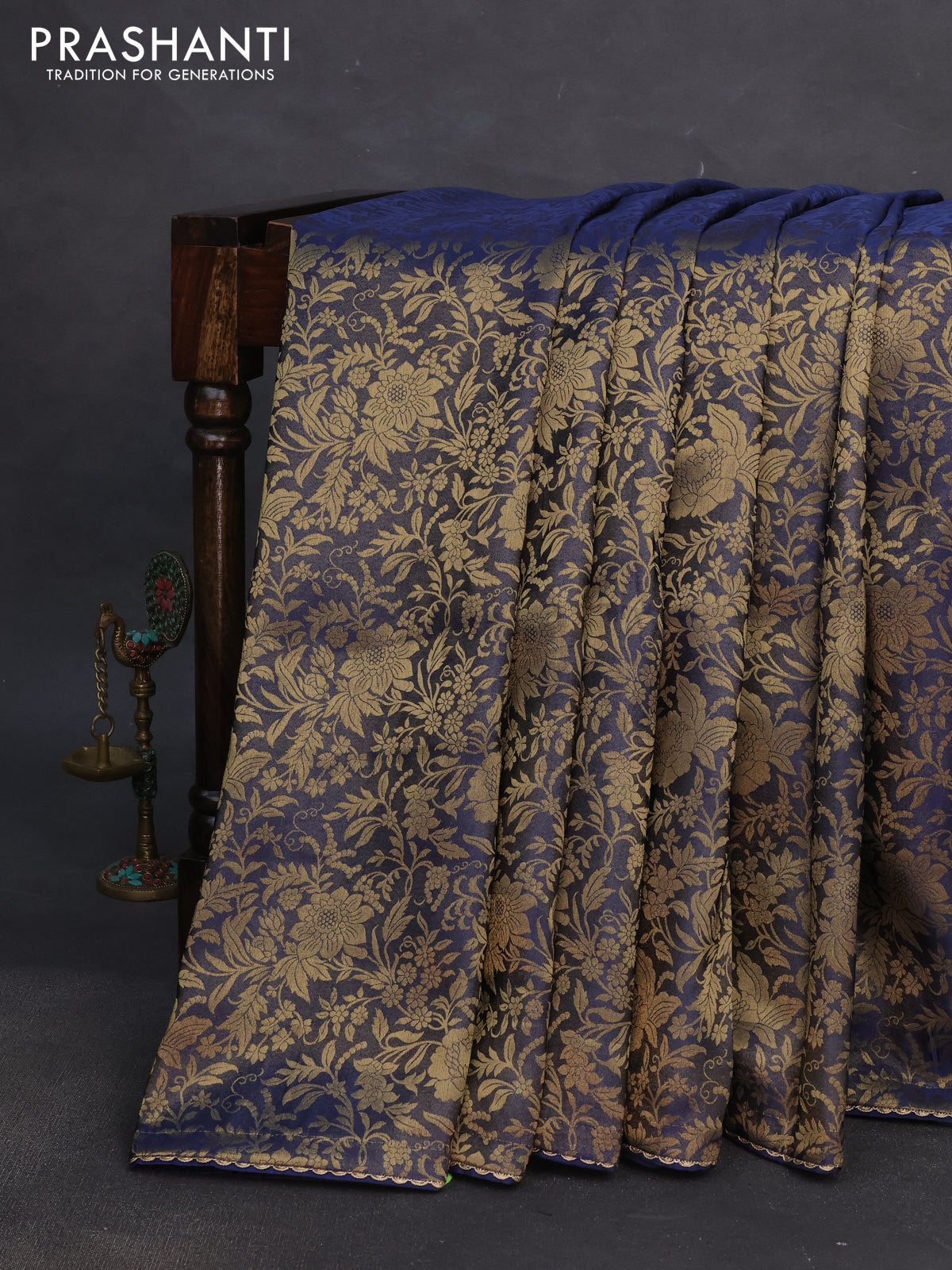 Banarasi semi crepe saree peacock blue with allover zari woven brocade weaves and lace work border