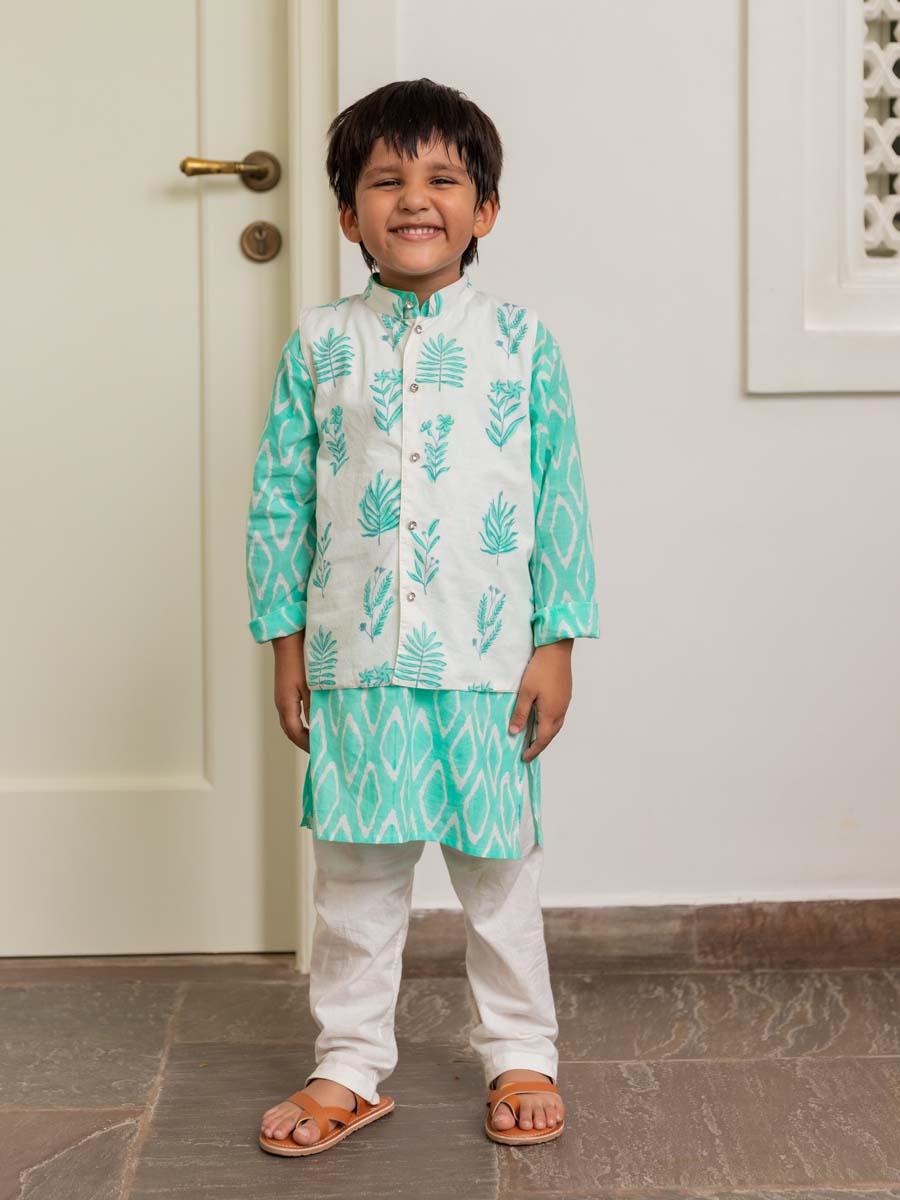 Set of 3 - Kanha Organic Cotton Block Printed Long Kurta with Jacket