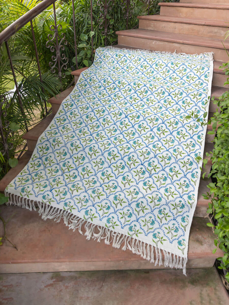 Kolam Block Printed Cotton Dhurrie Rug