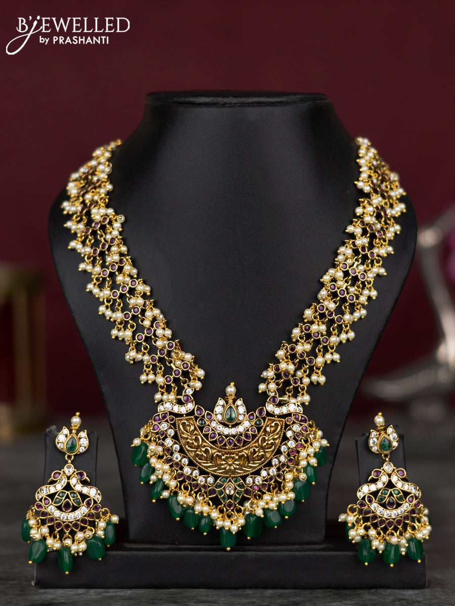 Antique guttapusalu necklace with kemp & cz stones and pearl & green beads hangings