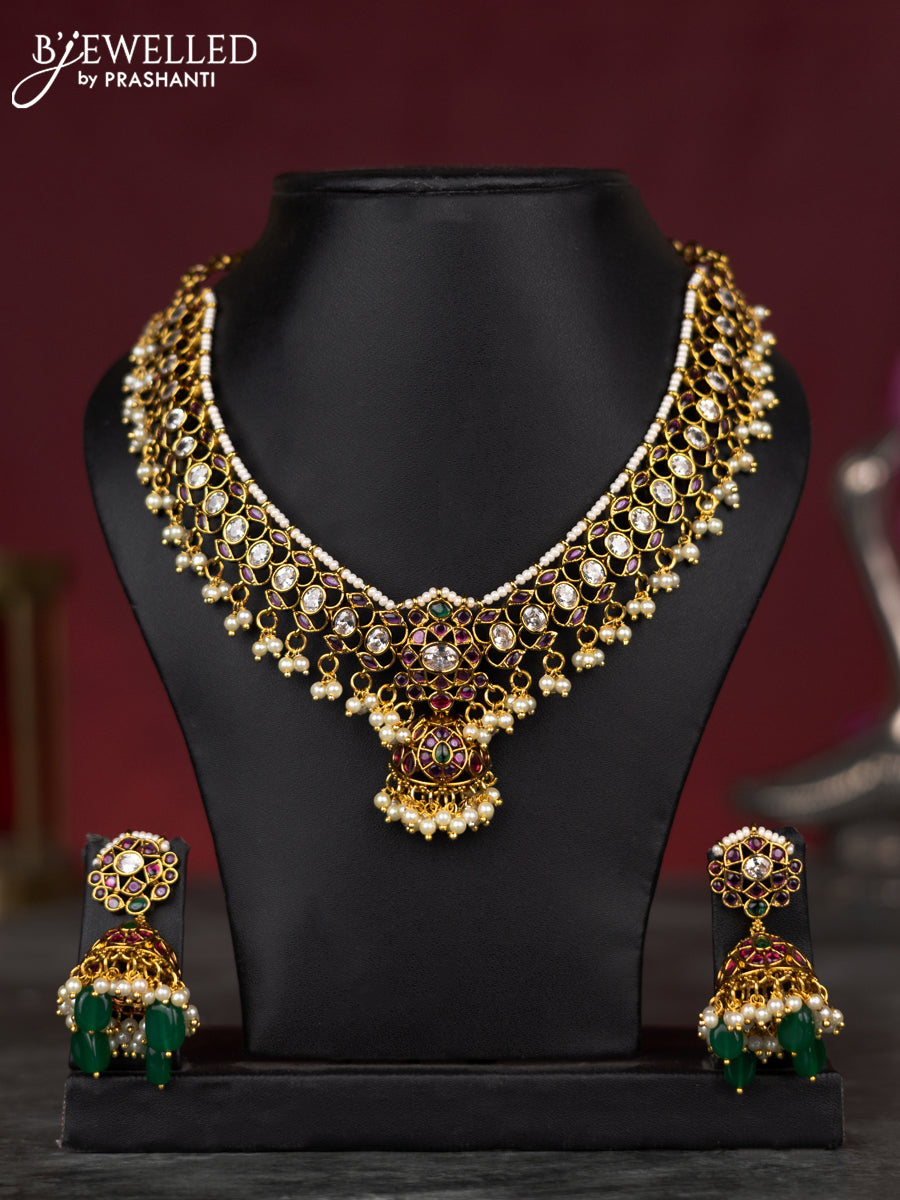 Antique guttapusalu necklace changable pendant with kemp & cz stones and pearl & green beads hangings