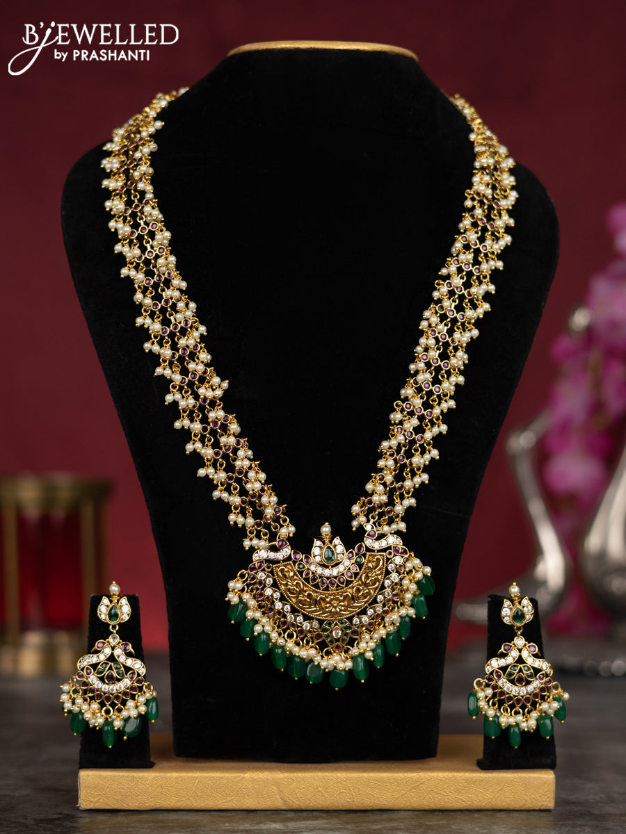 Antique guttapusalu haram with kemp & cz stones and pearl & green beads hangings