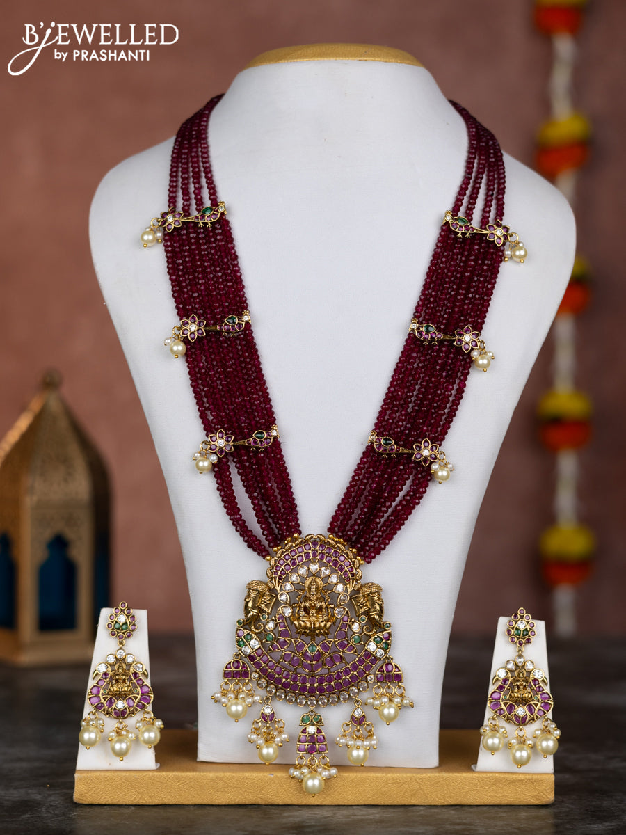 Beaded multilayer maroon necklace lakshmi pendant with kemp & cz stones and pearl hangings