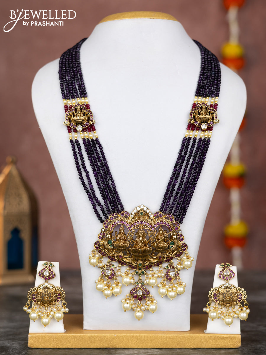 Beaded multilayer purple necklace sidhi pudhi ganesha pendant with kemp & cz stones and pearl hangings in victorian finish