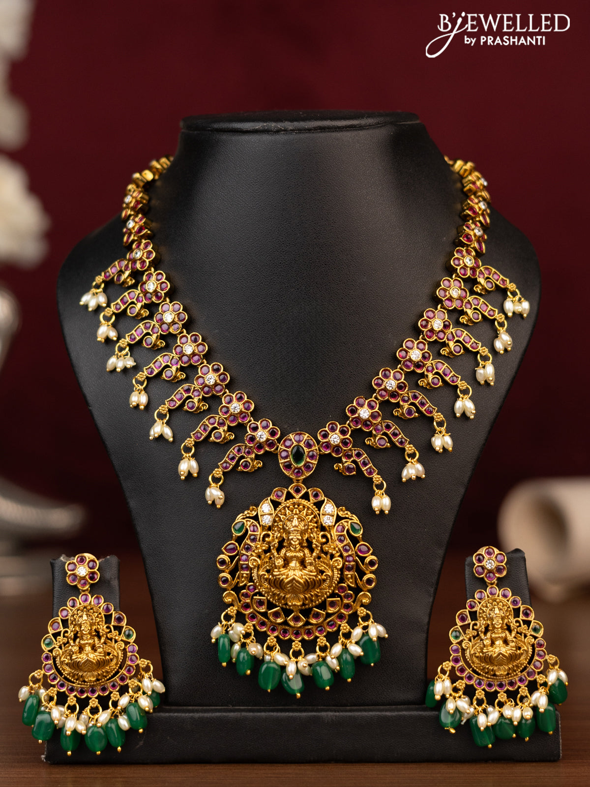 Antique guttapusalu necklace lakshmi pendant with kemp & cz stones and pearl & beads hanging