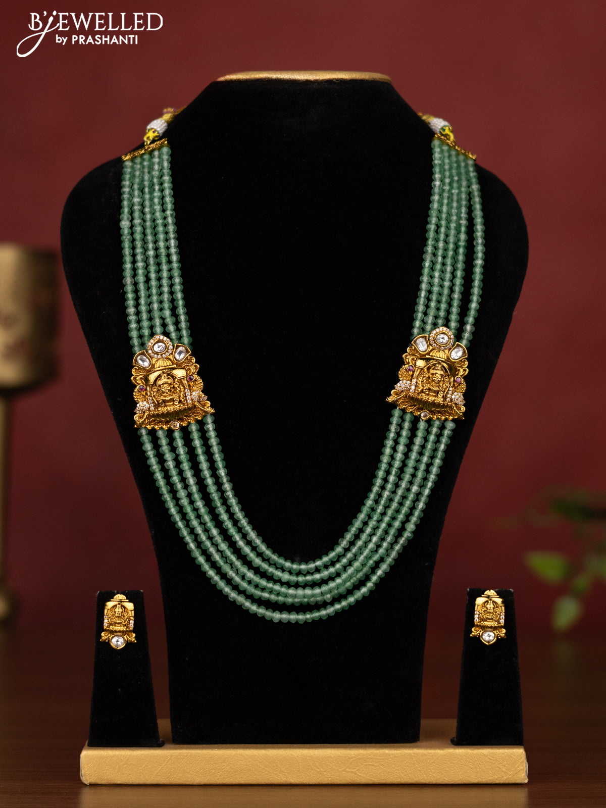 Beaded multilayer mint green necklace lakshmi design with cz stones