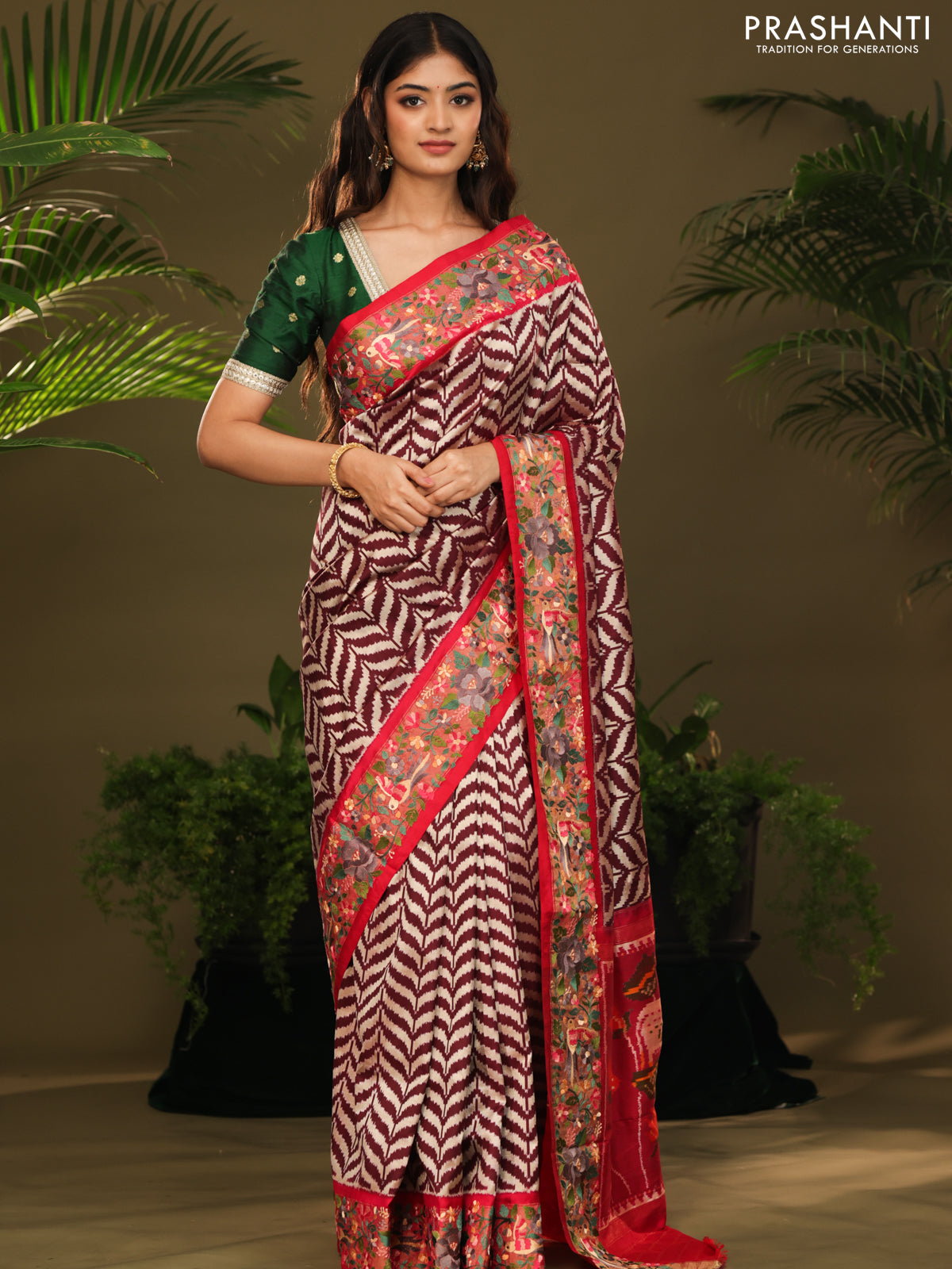 Brown & Pink Pochampally Silk saree with Border Embroidery & pichwai pallu