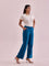 Women Solid Turquoise Blue Linen Cargo Pant