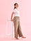 Women Beige Solid Viscose Knit Mid Rise Palazzos