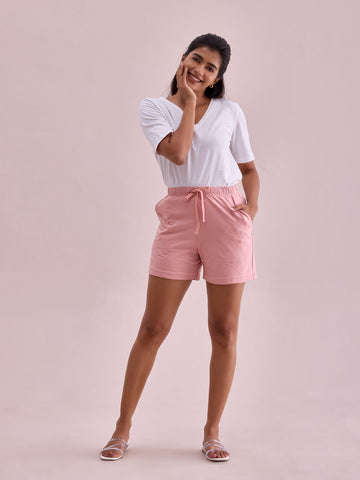 Women Solid Baby Pink Mid Rise Casual Shorts