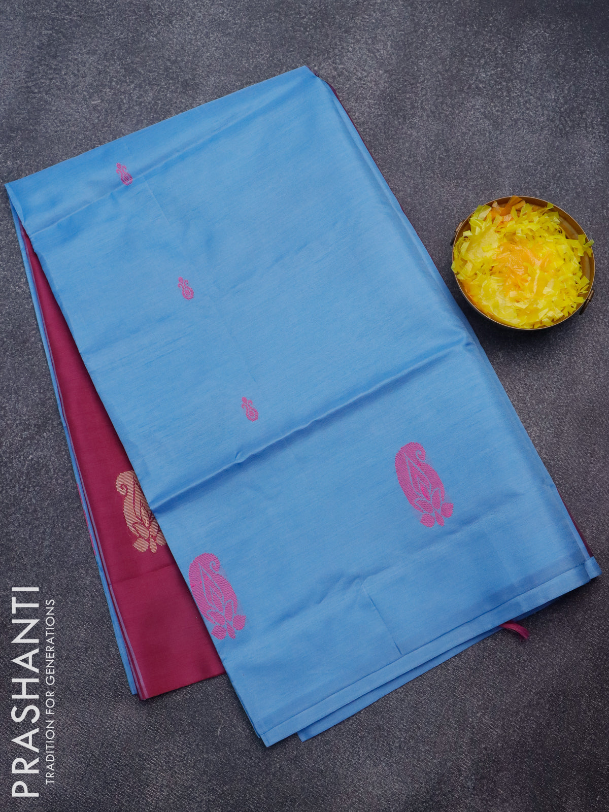 Banana pith saree light blue and magenta pink with thread woven buttas in borderless style