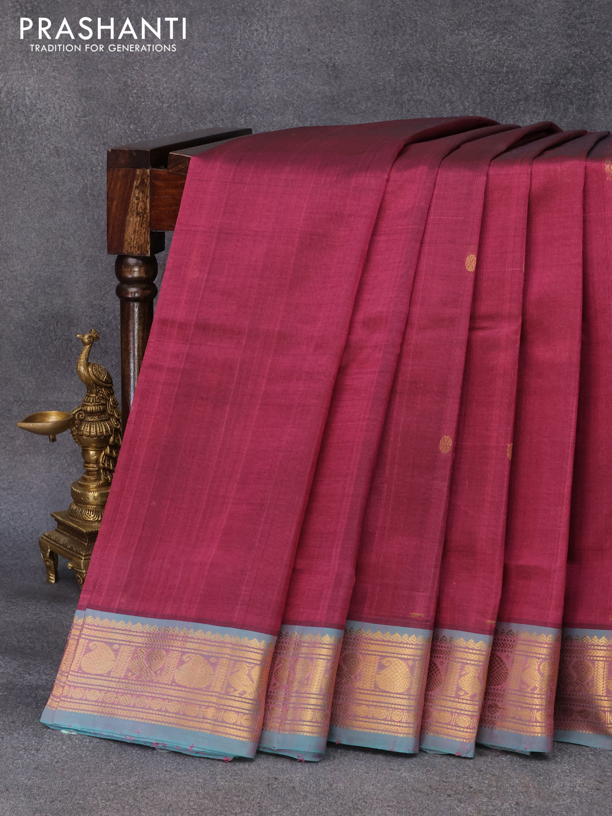 10 yards silk cotton saree dark magenta and teal blue with annam & rudhraksha zari woven buttas and paisley & annam zari woven border without blouse