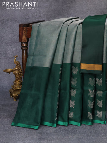 Pure uppada tissue silk saree green with plain body and silver zari woven butta border