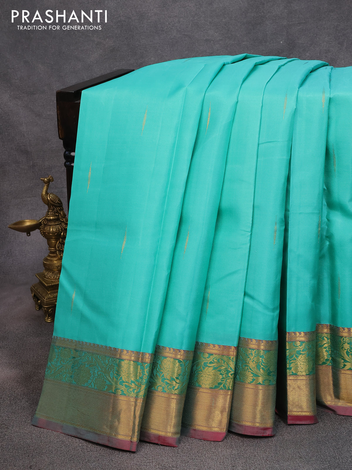 Pure kanjivaram silk saree teal blue and pink with zari woven buttas and floral zari woven border