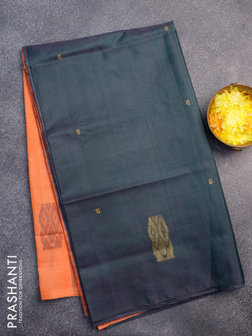 Banana pith saree dual shade of greenish purple and orange with thread woven buttas in borderless style with blouse