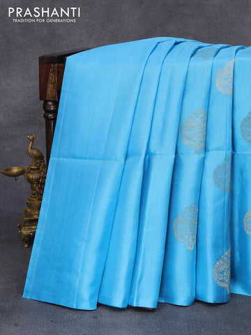 Pure soft silk saree light blue and pastel purple with zari woven buttas in boderless style