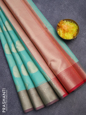 Banarasi kota saree teal blue and red with zari woven buttas and zari woven border