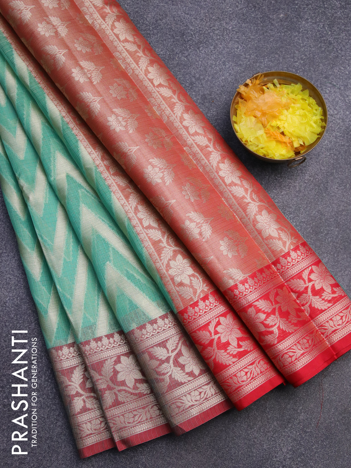 Banarasi kota saree teal green and red with allover zari woven zig zag weaves and zari woven border