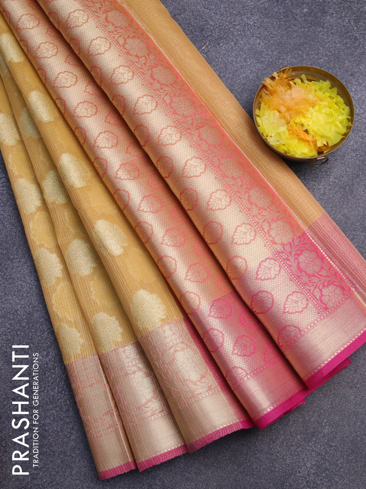 Banarasi kota saree yellow and pink with zari woven buttas and zari woven border