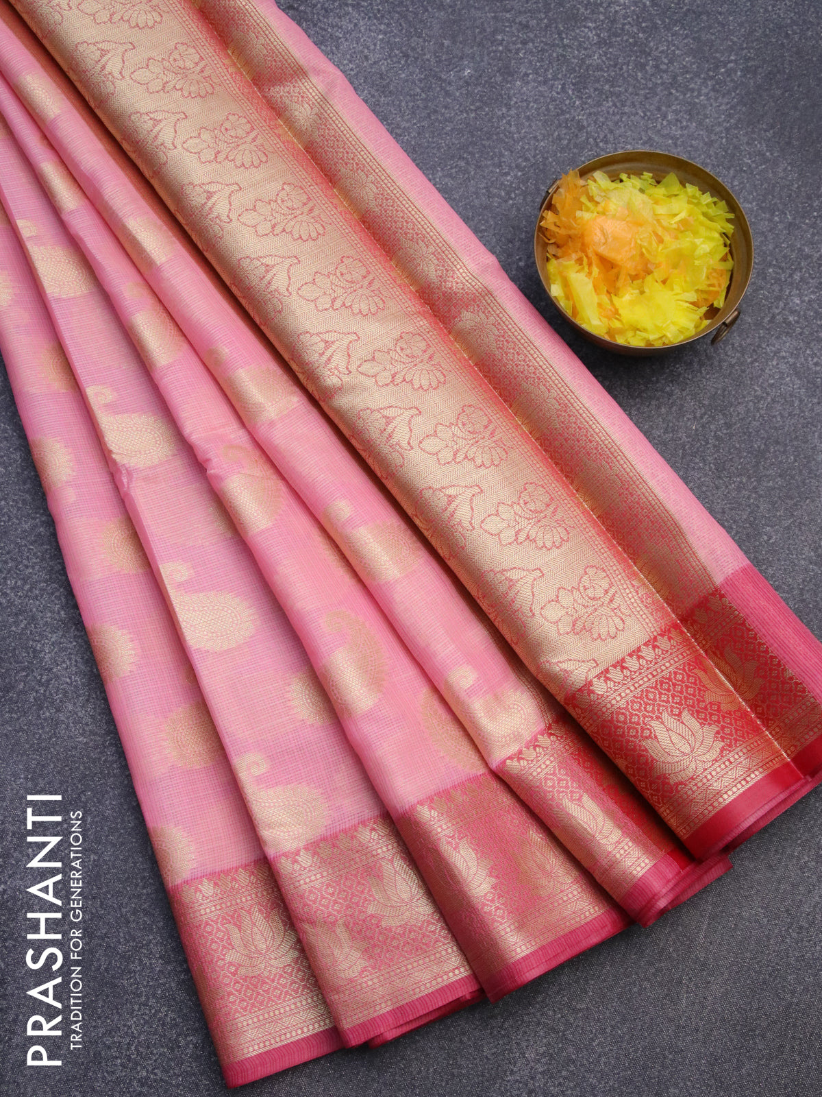 Banarasi kota saree light pink and pink with paisley zari woven buttas and floral zari woven border