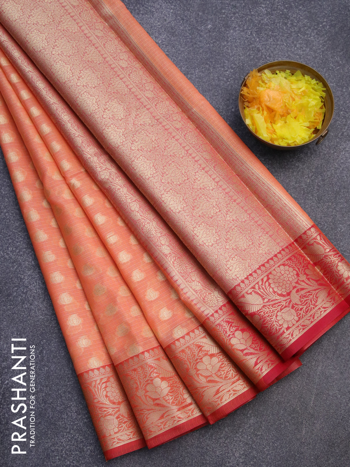 Banarasi kota saree peach orange and maroon with allover zari woven buttas and floral zari woven border