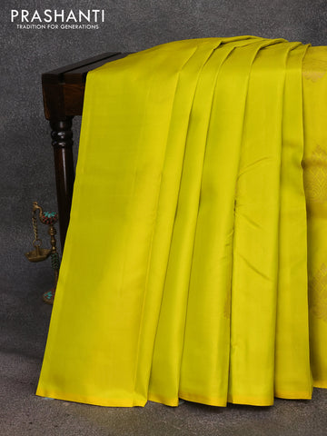 Pure kanjivaram silk saree lime yellow and deep wine shade with zari woven buttas in borderless style