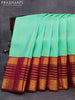 Pure kanjivaram silk saree teal green shade and dark magenta pink with allover zari woven annam buttas and long rich zari woven korvai border butta style