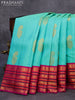 Pure kanjivaram silk saree teal blue shade and purple with paisley zari woven buttas and rich annam & rudhraksha zari woven korvai border butta style