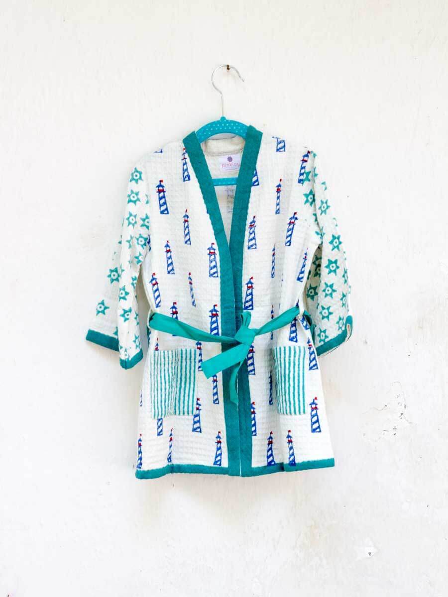 Lighthouse Magic Block Printed Waffle Cotton Bath Robe