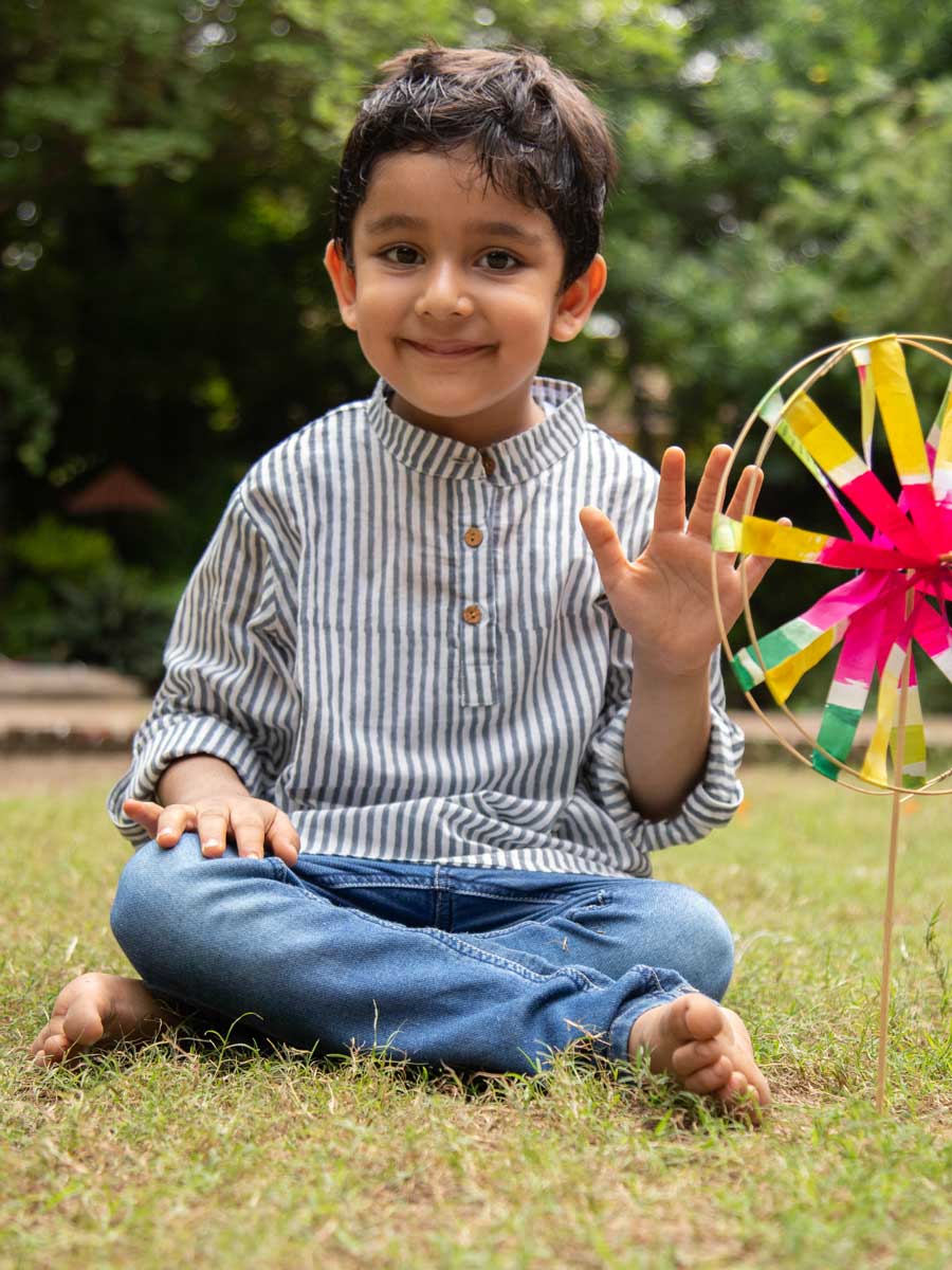 Evergreen Grey Organic Cotton Shirt Kurta with Roll Up Sleeves
