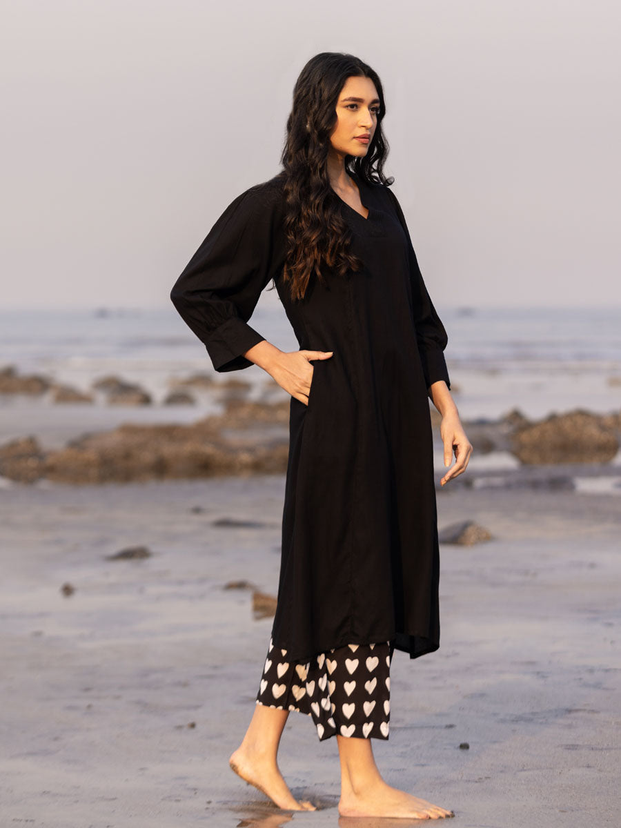 Malang Solid Black Slub Long Kurta
