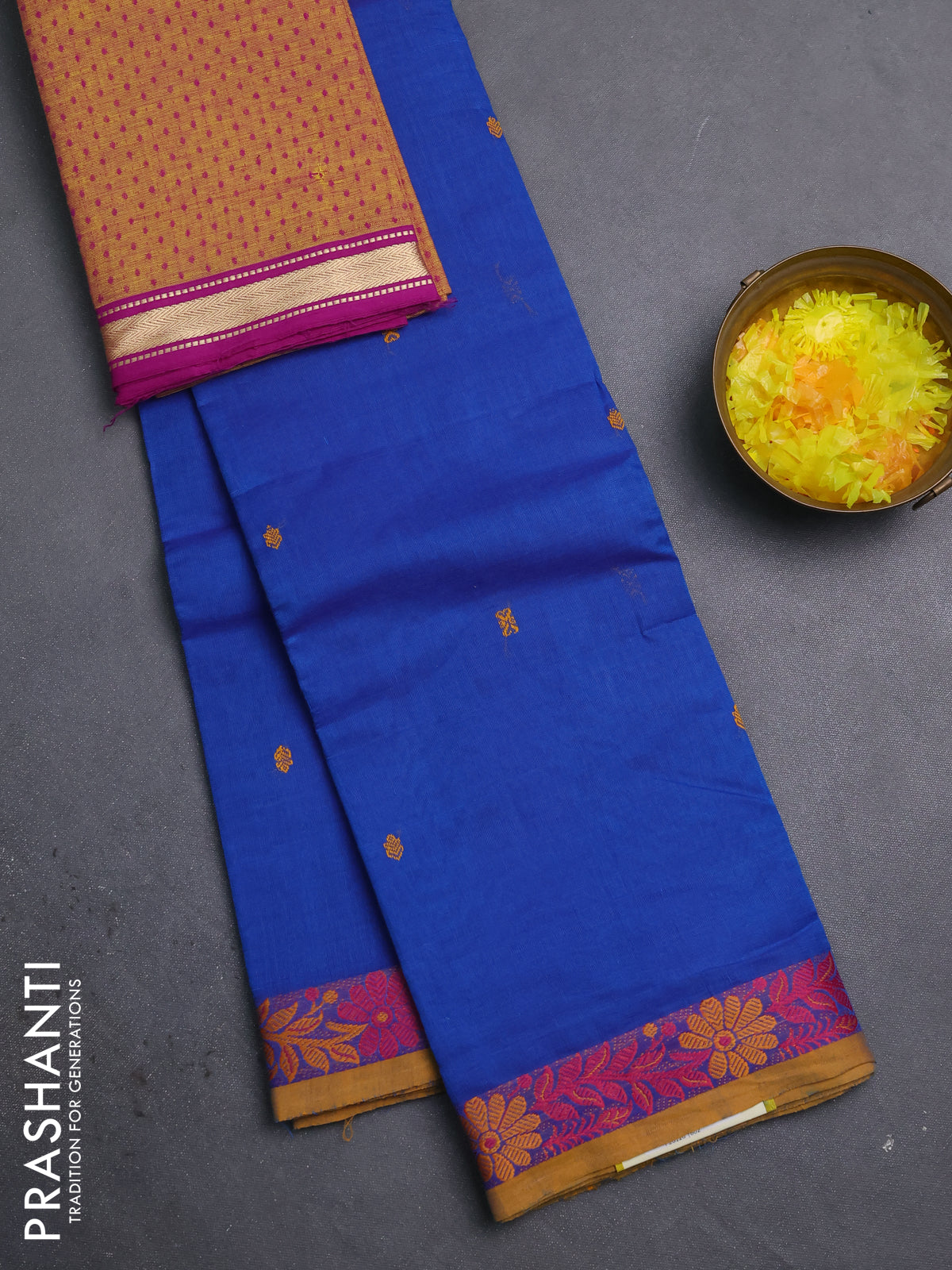 Chettinad cotton saree blue and mustard yellow with thread woven buttas and thread woven border
