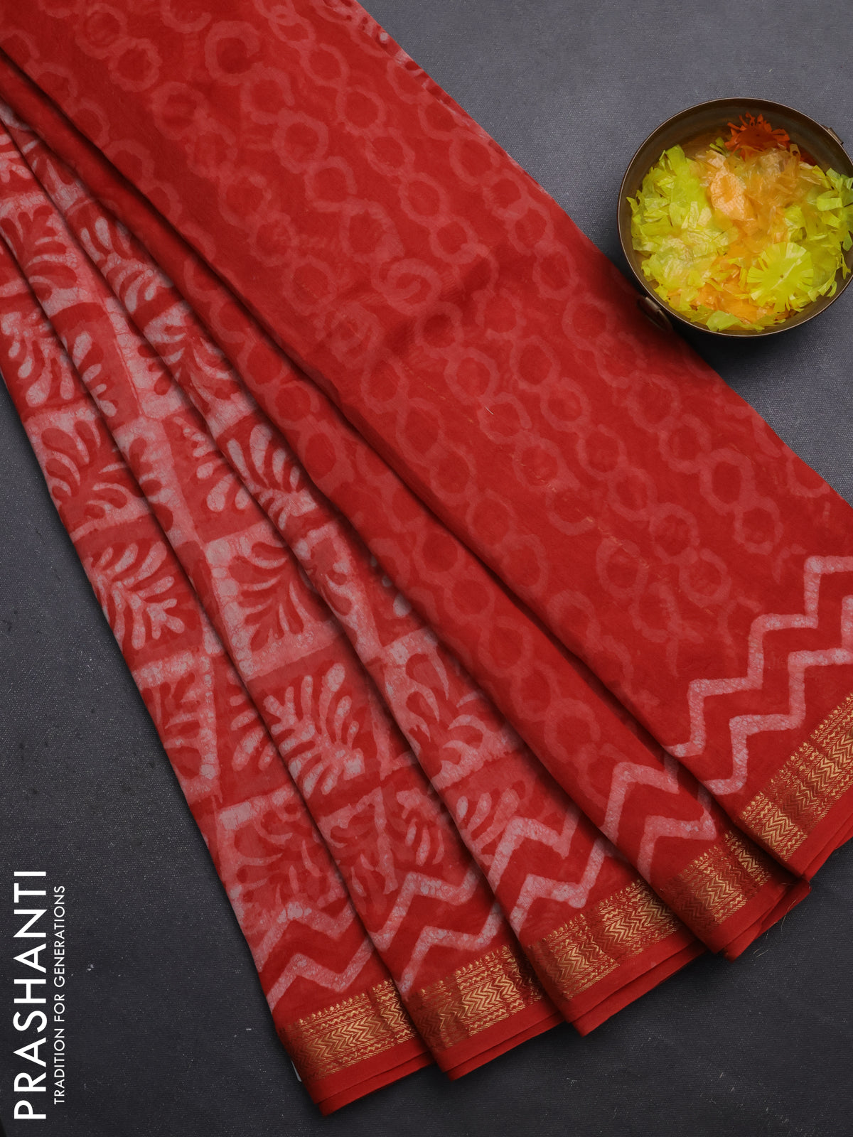 Chanderi bagru saree red with allover ikat prints and maheshwari border