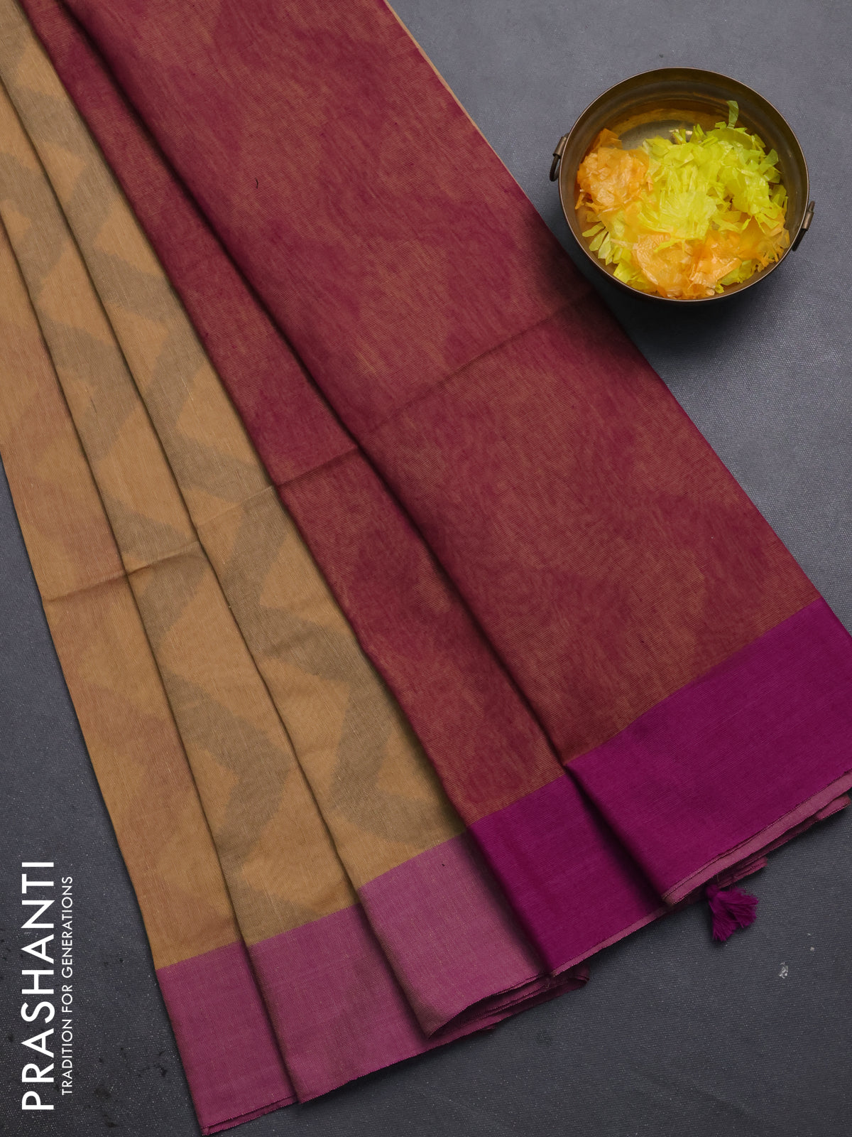 Bengal soft cotton saree sandal and purple with allover weaves and simple border