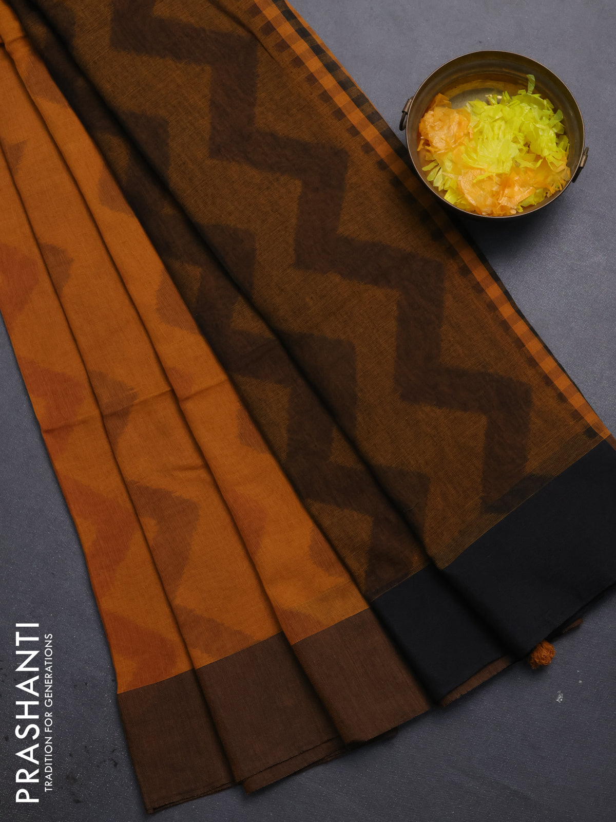 Bengal soft cotton saree dark mustard and black with allover weaves and simple border