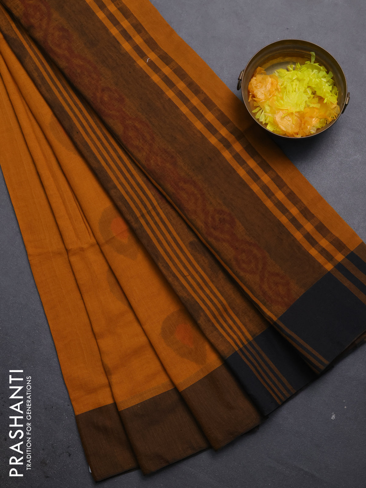 Bengal soft cotton saree dark mustard and black with allover butta weaves and simple border