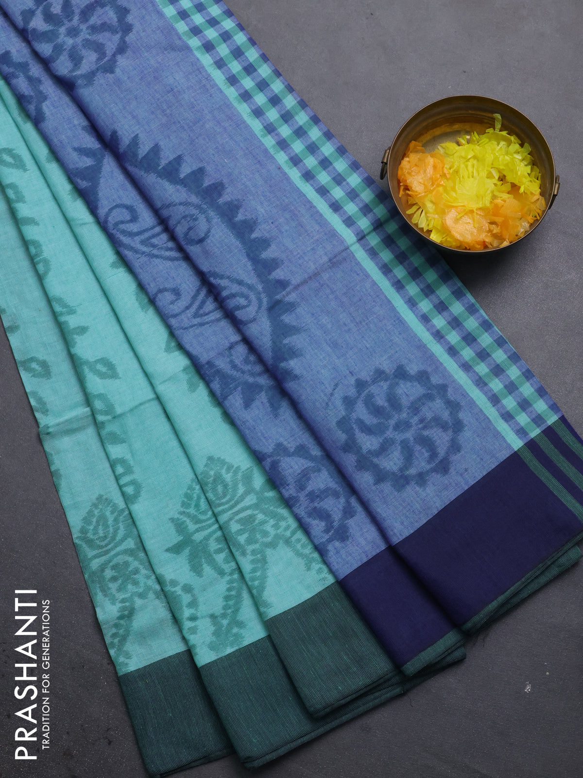 Bengal soft cotton saree teal blue and blue with allover weaves and simple border