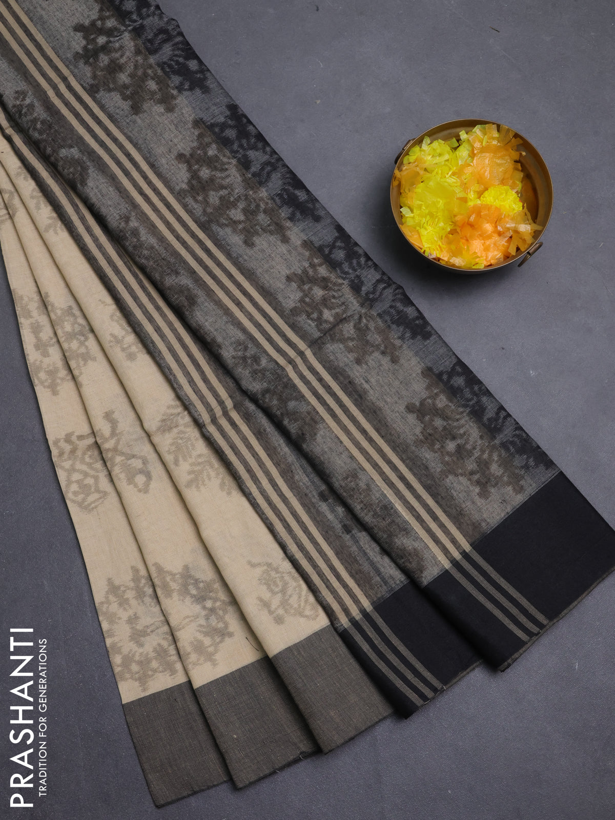 Bengal soft cotton saree sandal and black with butta weaves and simple border