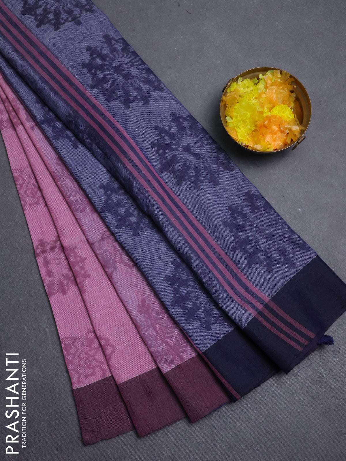 Bengal soft cotton saree pastel pink and navy blue with butta weaves and simple border