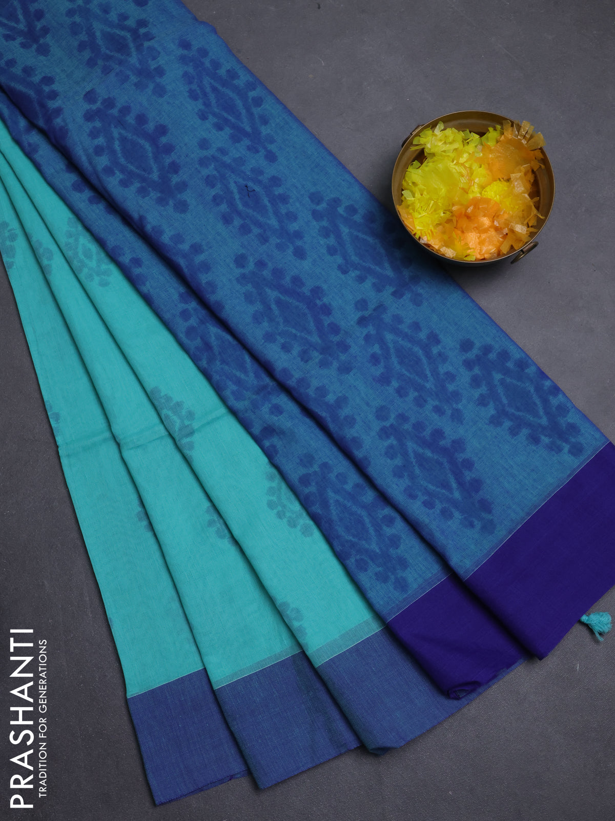 Bengal soft cotton saree teal blue and blue with butta weaves and simple border