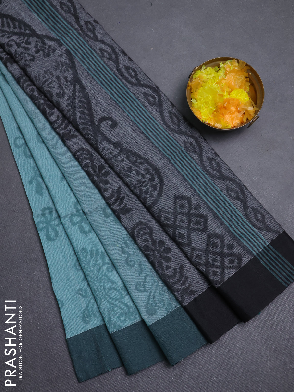 Bengal soft cotton saree pastel green and grey with allover weaves and simple border