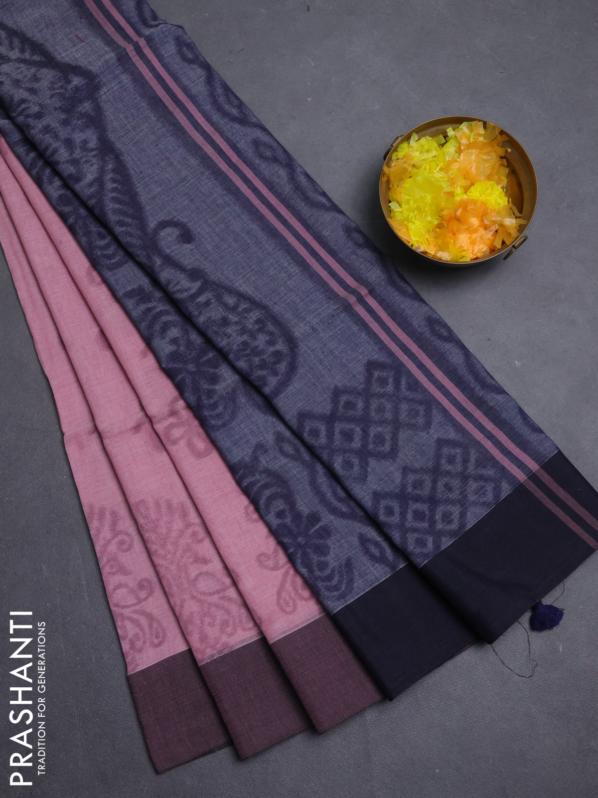 Bengal soft cotton saree pastel pink and navy blue with allover weaves and simple border