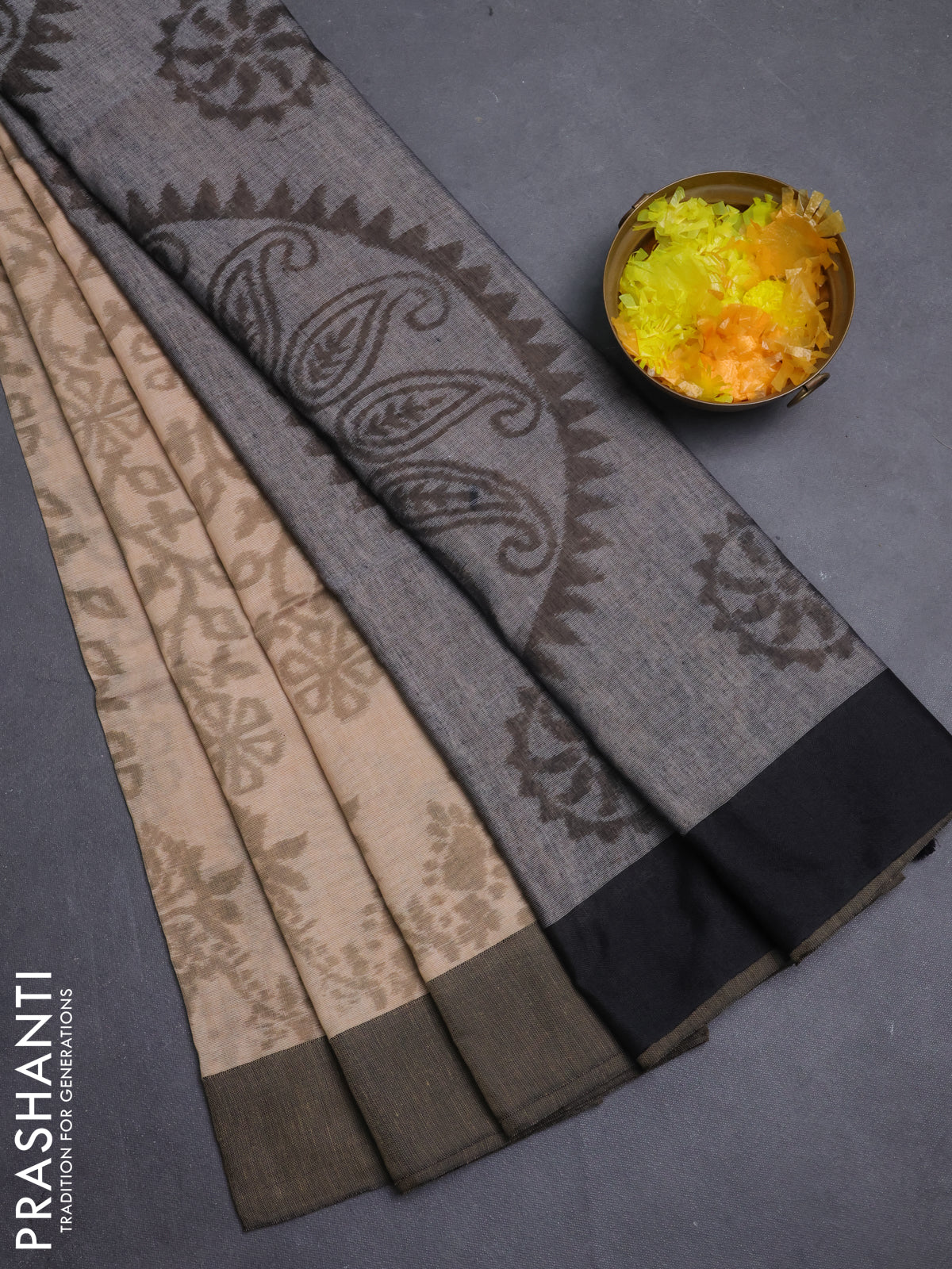 Bengal soft cotton saree sandal and black with allover weaves and simple border