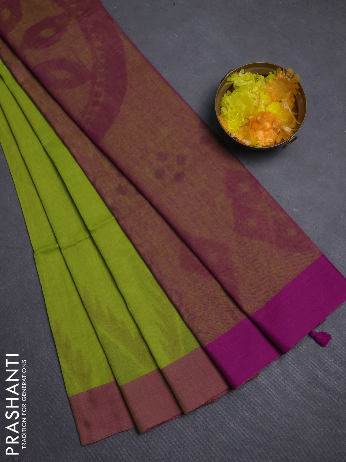 Bengal soft cotton saree violet and light green with weaves and simple border