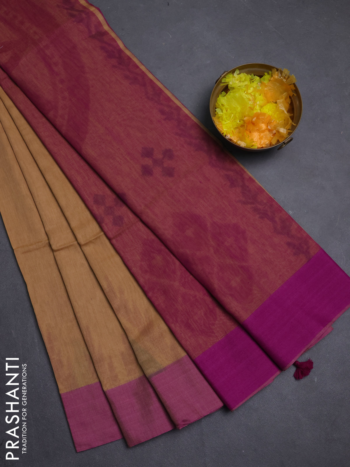 Bengal soft cotton saree purple and sandal with weaves and simple border