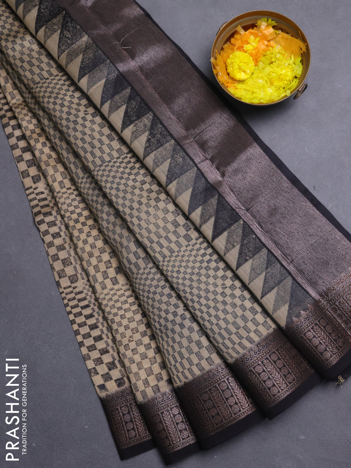 Chanderi silk cotton saree black with allover geometric prints and banarasi style border