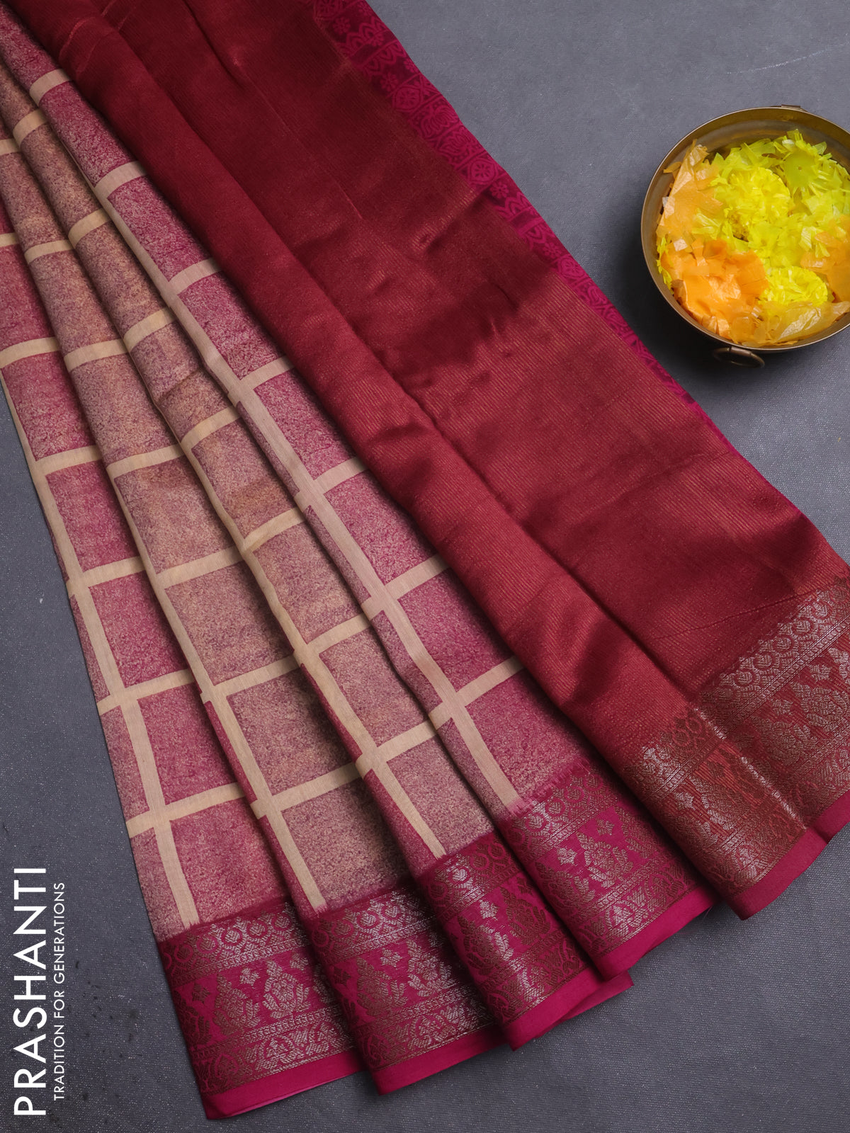 Chanderi silk cotton saree sandal and pink with allover geometric prints and banarasi style border